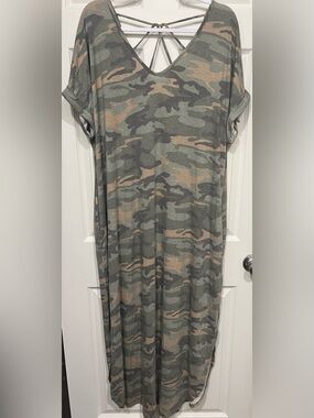Now N Forever Camo Maxi Dress with Strappy Back - Olive & Tan